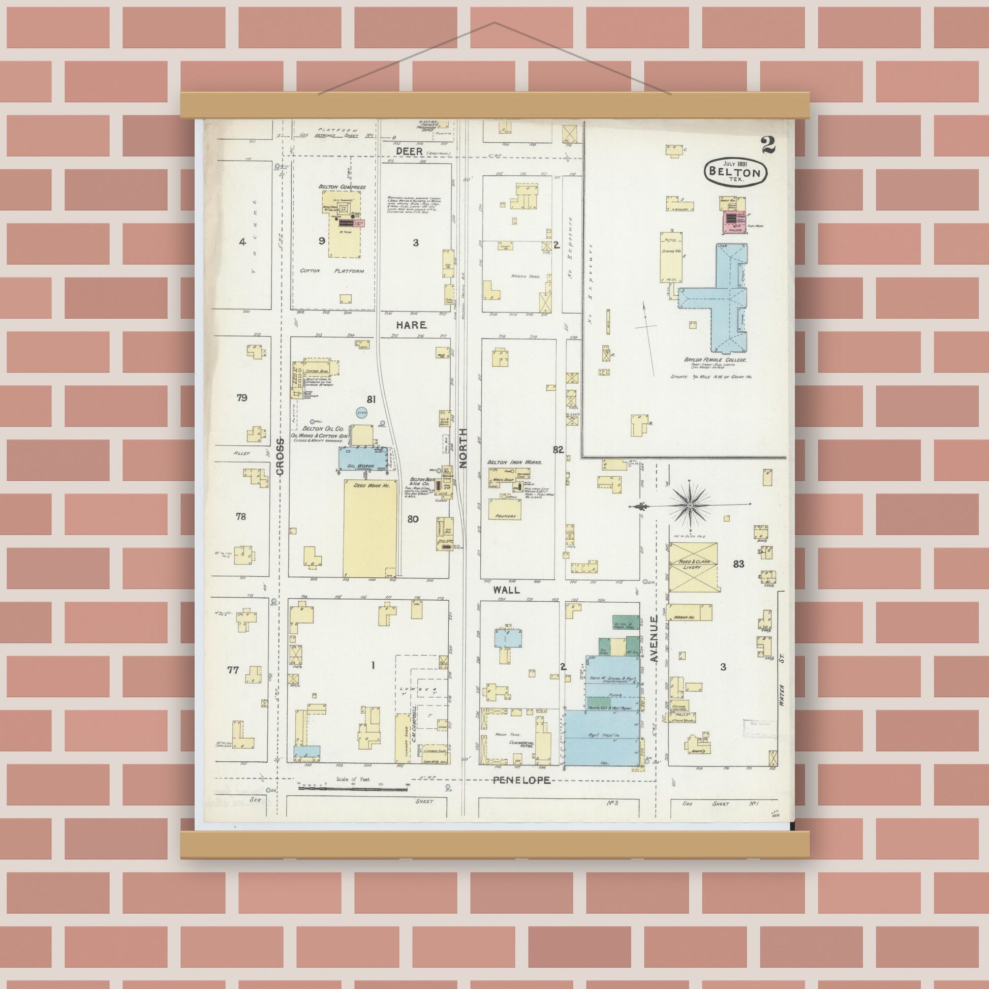 Old map wall art mockup — magnetic wood frame on brick wall — Sanborn Fire Insurance Map from Belton, Bell County, Texas (1891), Sheet #0002