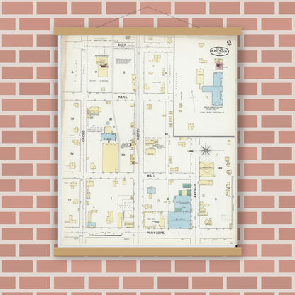 Old map wall art mockup — magnetic wood frame on brick wall — Sanborn Fire Insurance Map from Belton, Bell County, Texas (1891), Sheet #0002