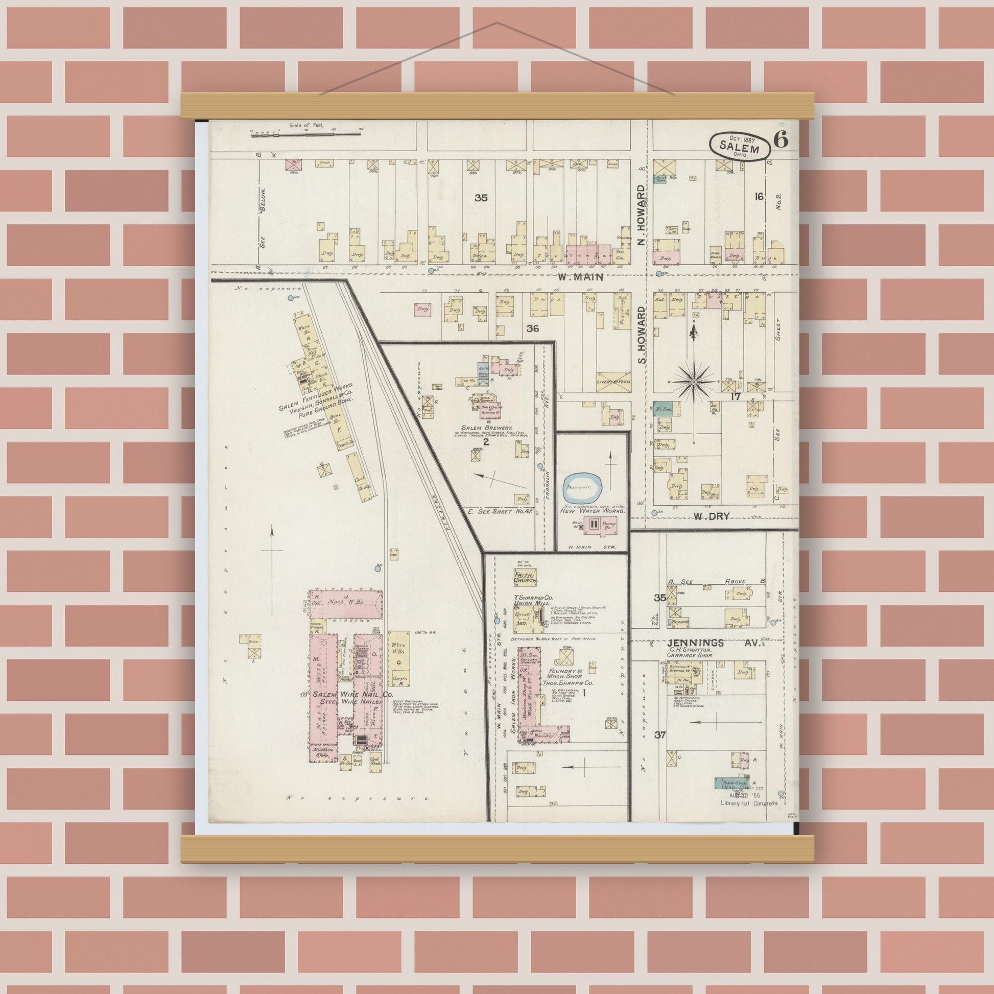 Old map wall art mockup — magnetic wood frame on brick wall — Sanborn Fire Insurance Map from Salem, Columbiana County, Ohio (1887), Sheet #0006