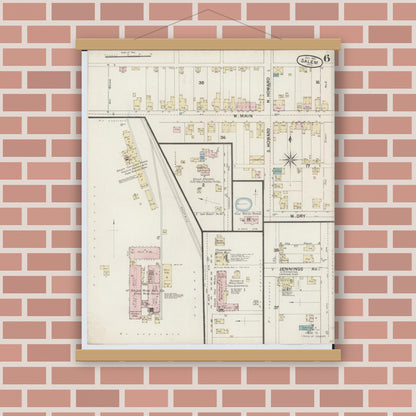 Old map wall art mockup — magnetic wood frame on brick wall — Sanborn Fire Insurance Map from Salem, Columbiana County, Ohio (1887), Sheet #0006