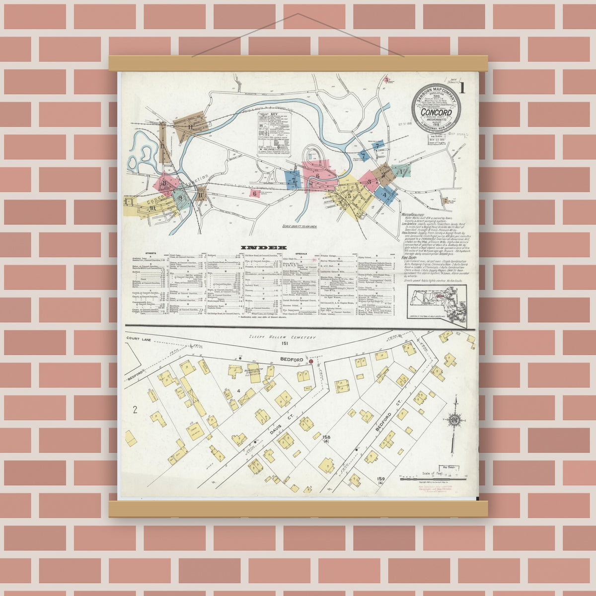 Old map wall art mockup — magnetic wood frame on brick wall — Sanborn Fire Insurance Map from Concord, Middlesex County, Massachusetts (1918), Sheet #0001