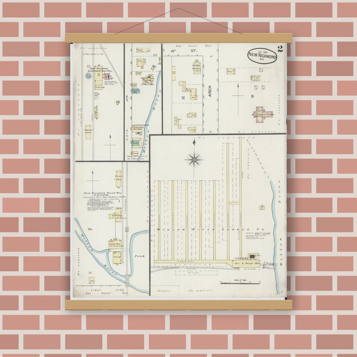 Old map wall art mockup — magnetic wood frame on brick wall — Sanborn Fire Insurance Map from New Richmond, St. Croix County, Wisconsin (1887), Sheet #0002