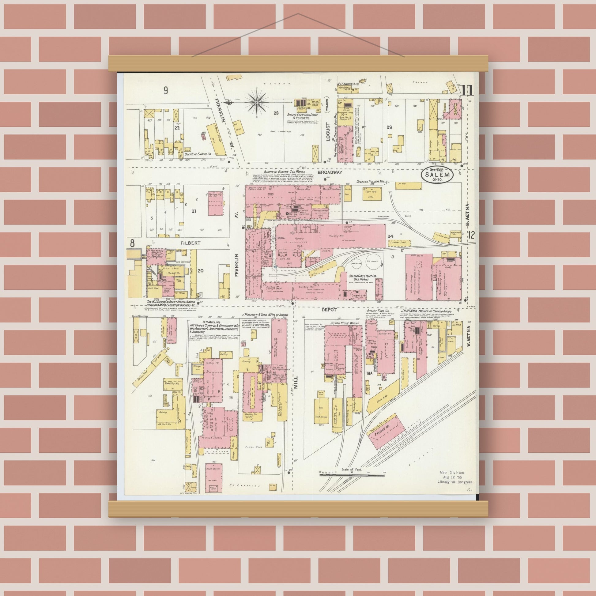 Old map wall art mockup — magnetic wood frame on brick wall — Sanborn Fire Insurance Map from Salem, Columbiana County, Ohio (1903), Sheet #0011