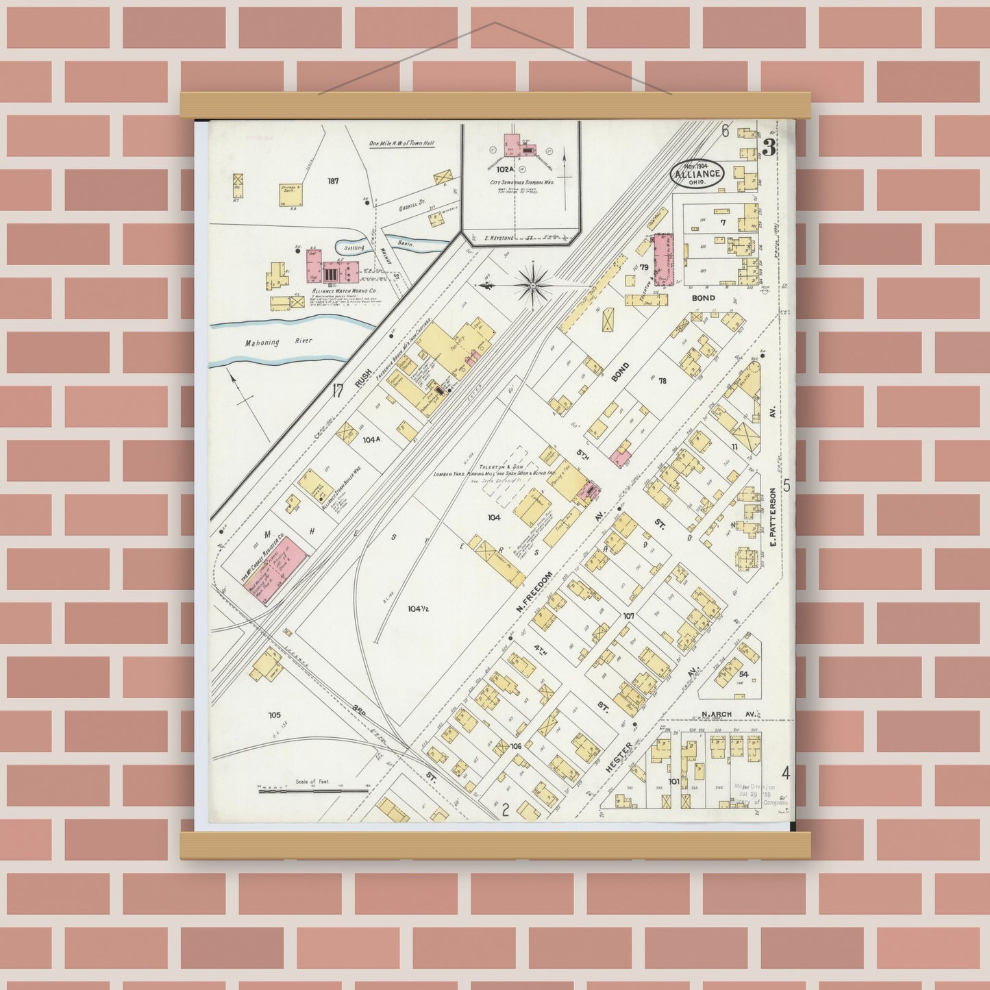 Old map wall art mockup — magnetic wood frame on brick wall — Sanborn Fire Insurance Map from Alliance, Stark County, Ohio (1904), Sheet #0003
