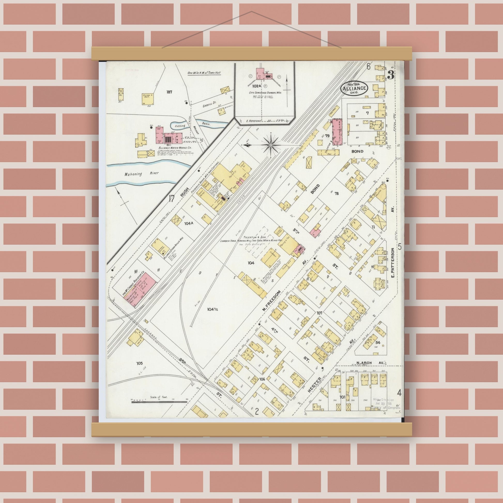 Old map wall art mockup — magnetic wood frame on brick wall — Sanborn Fire Insurance Map from Alliance, Stark County, Ohio (1904), Sheet #0003