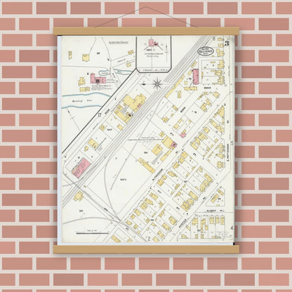 Old map wall art mockup — magnetic wood frame on brick wall — Sanborn Fire Insurance Map from Alliance, Stark County, Ohio (1904), Sheet #0003