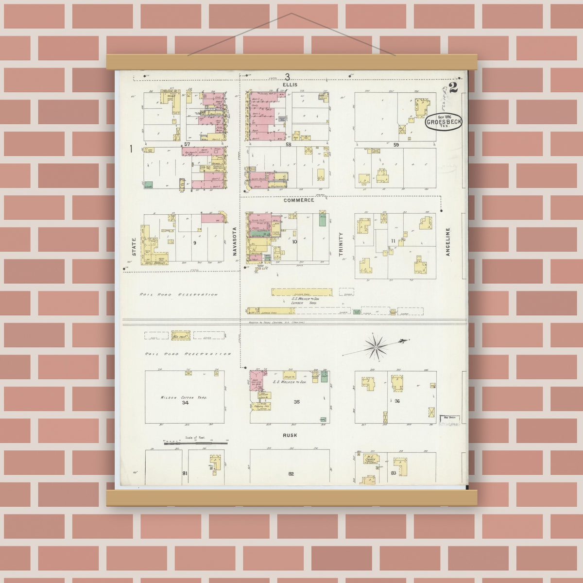 Old map wall art mockup — magnetic wood frame on brick wall — Sanborn Fire Insurance Map from Groesbeck, Limestone County, Texas (1896), Sheet #0002