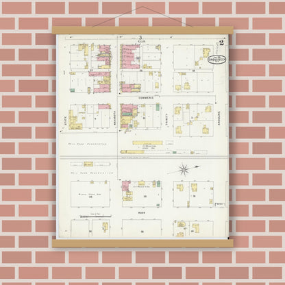 Old map wall art mockup — magnetic wood frame on brick wall — Sanborn Fire Insurance Map from Groesbeck, Limestone County, Texas (1896), Sheet #0002