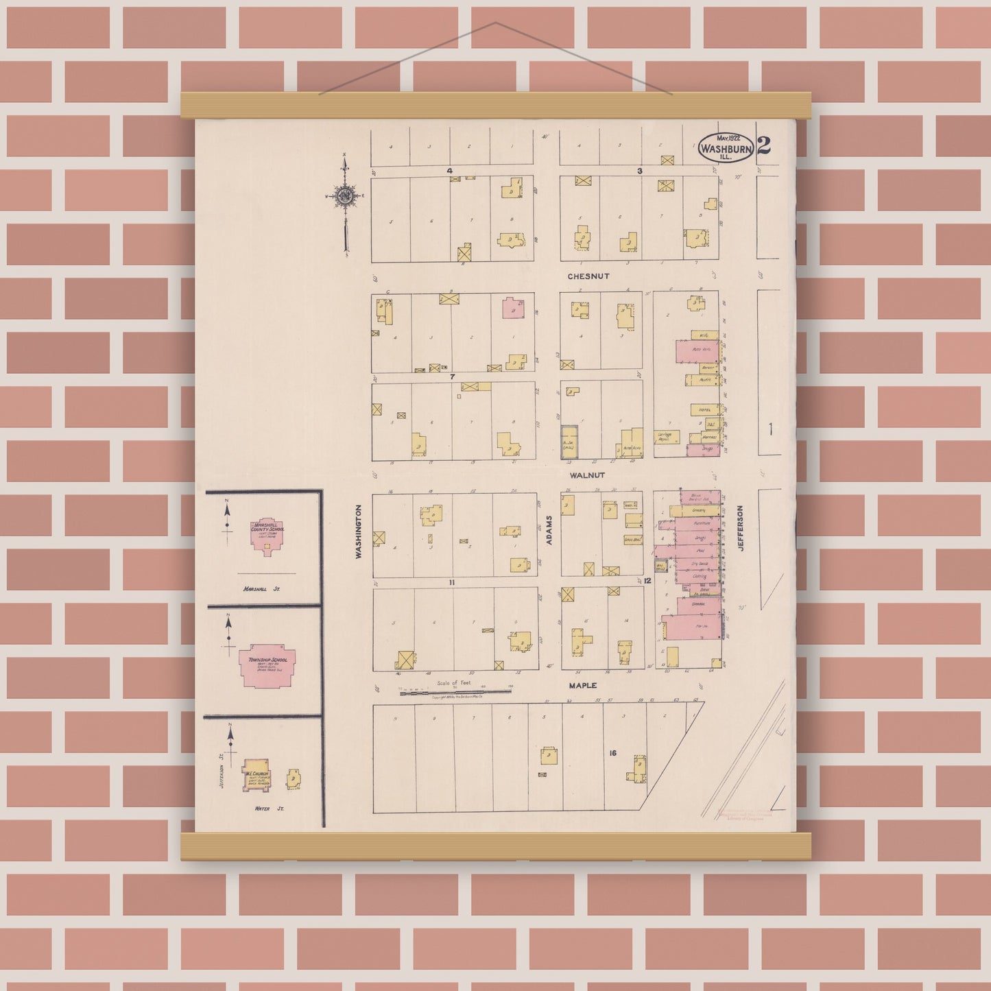Old map wall art mockup — magnetic wood frame on brick wall — Sanborn Fire Insurance Map from Washburn, Woodford County, Illinois (1922), Sheet #0002