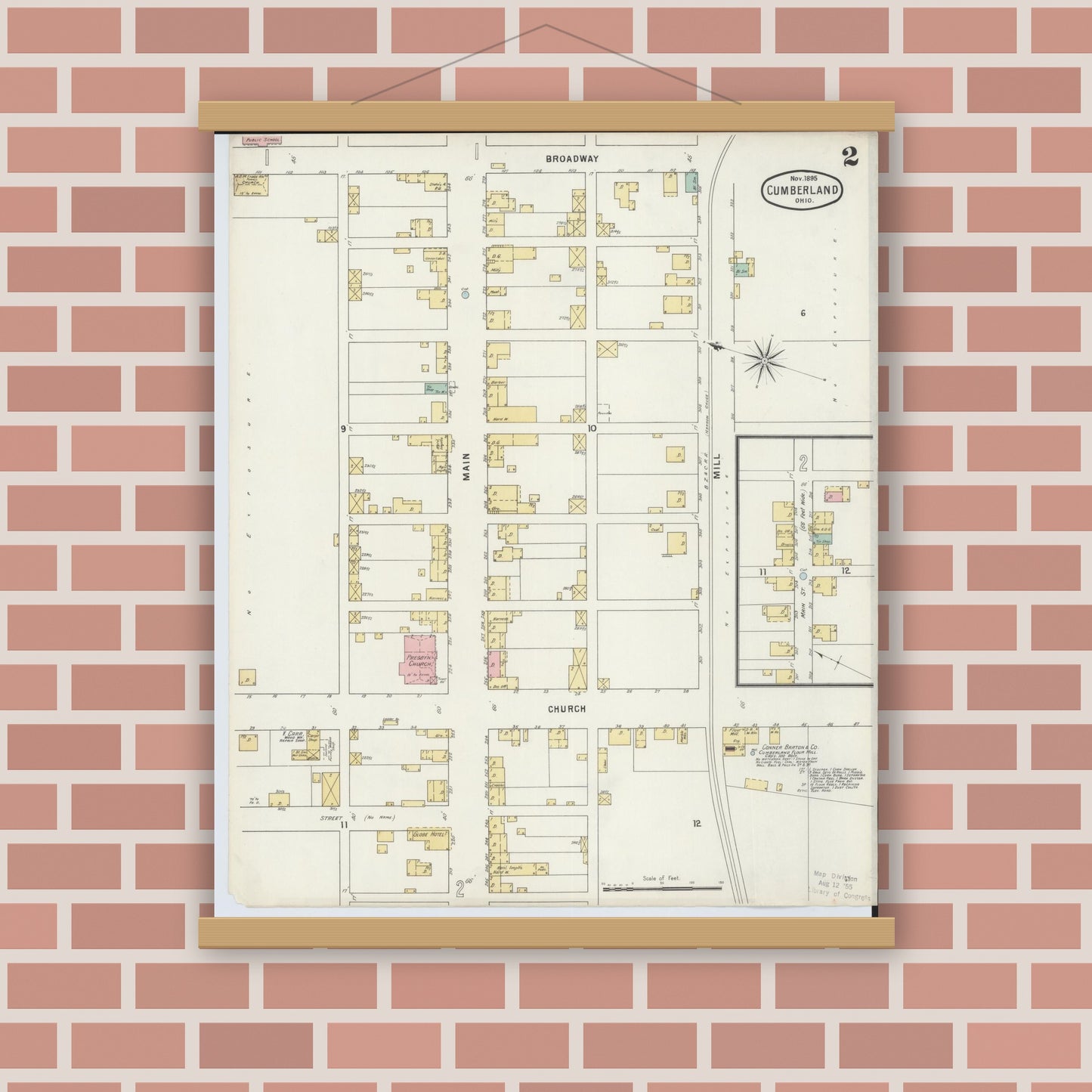 Old map wall art mockup — magnetic wood frame on brick wall — Sanborn Fire Insurance Map from Cumberland, Guernsey County, Ohio (1895), Sheet #0002