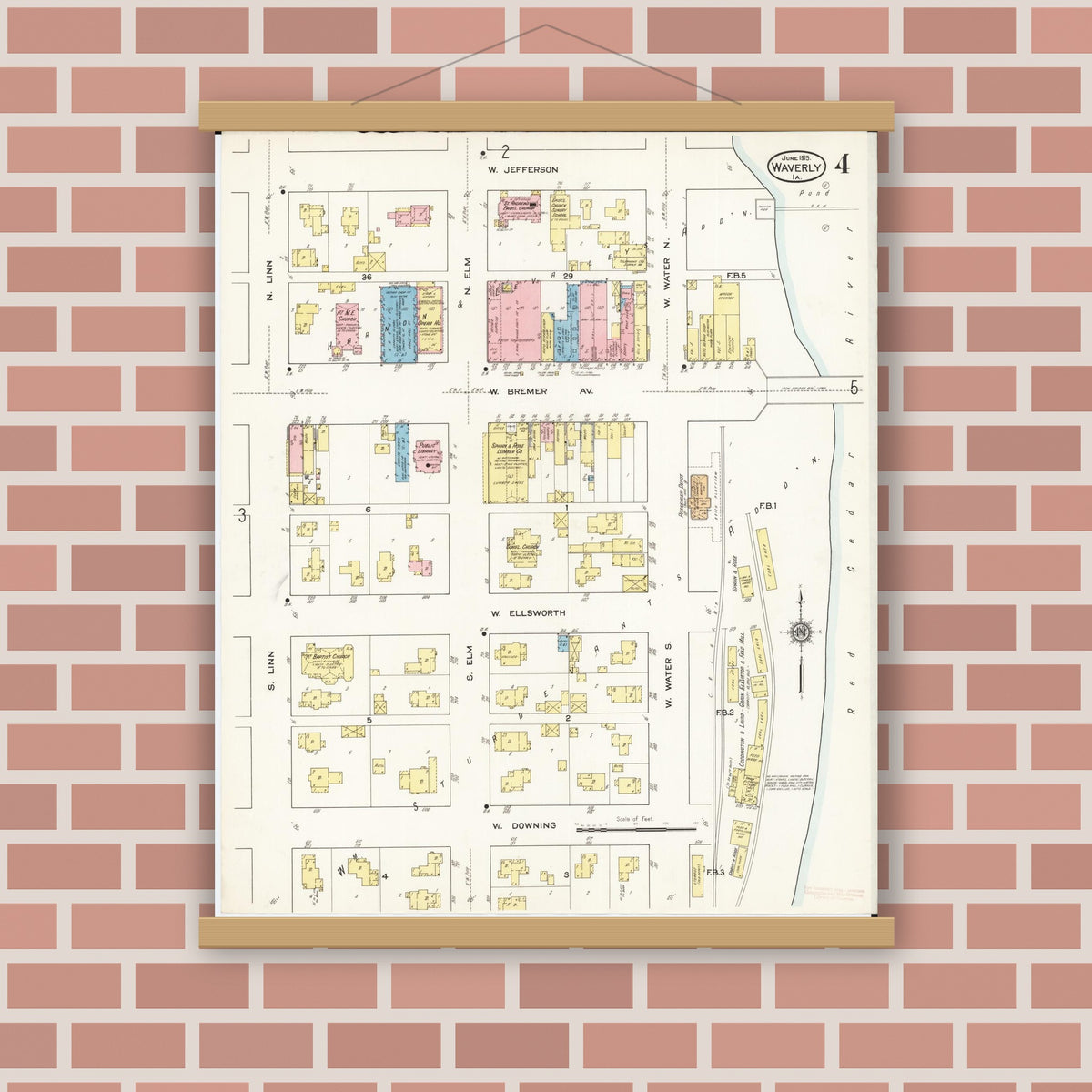 Old map wall art mockup — magnetic wood frame on brick wall — Sanborn Fire Insurance Map from Waverly, Bremer County, Iowa (1915), Sheet #0004