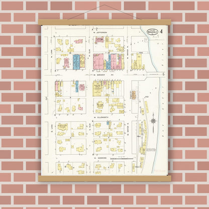 Old map wall art mockup — magnetic wood frame on brick wall — Sanborn Fire Insurance Map from Waverly, Bremer County, Iowa (1915), Sheet #0004