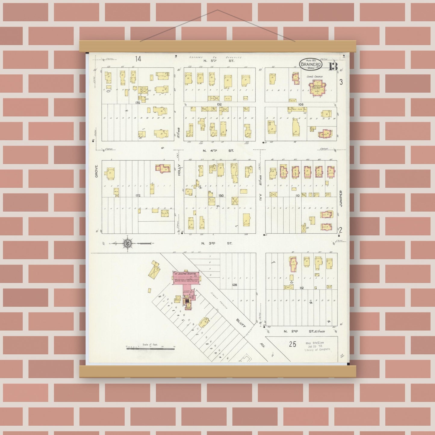 Old map wall art mockup — magnetic wood frame on brick wall — Sanborn Fire Insurance Map from Brainerd, Crow Wing County, Minnesota (1913), Sheet #0013