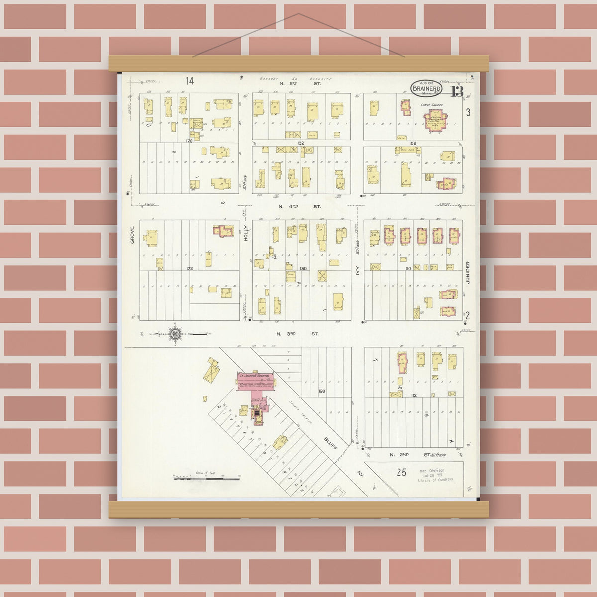 Old map wall art mockup — magnetic wood frame on brick wall — Sanborn Fire Insurance Map from Brainerd, Crow Wing County, Minnesota (1913), Sheet #0013