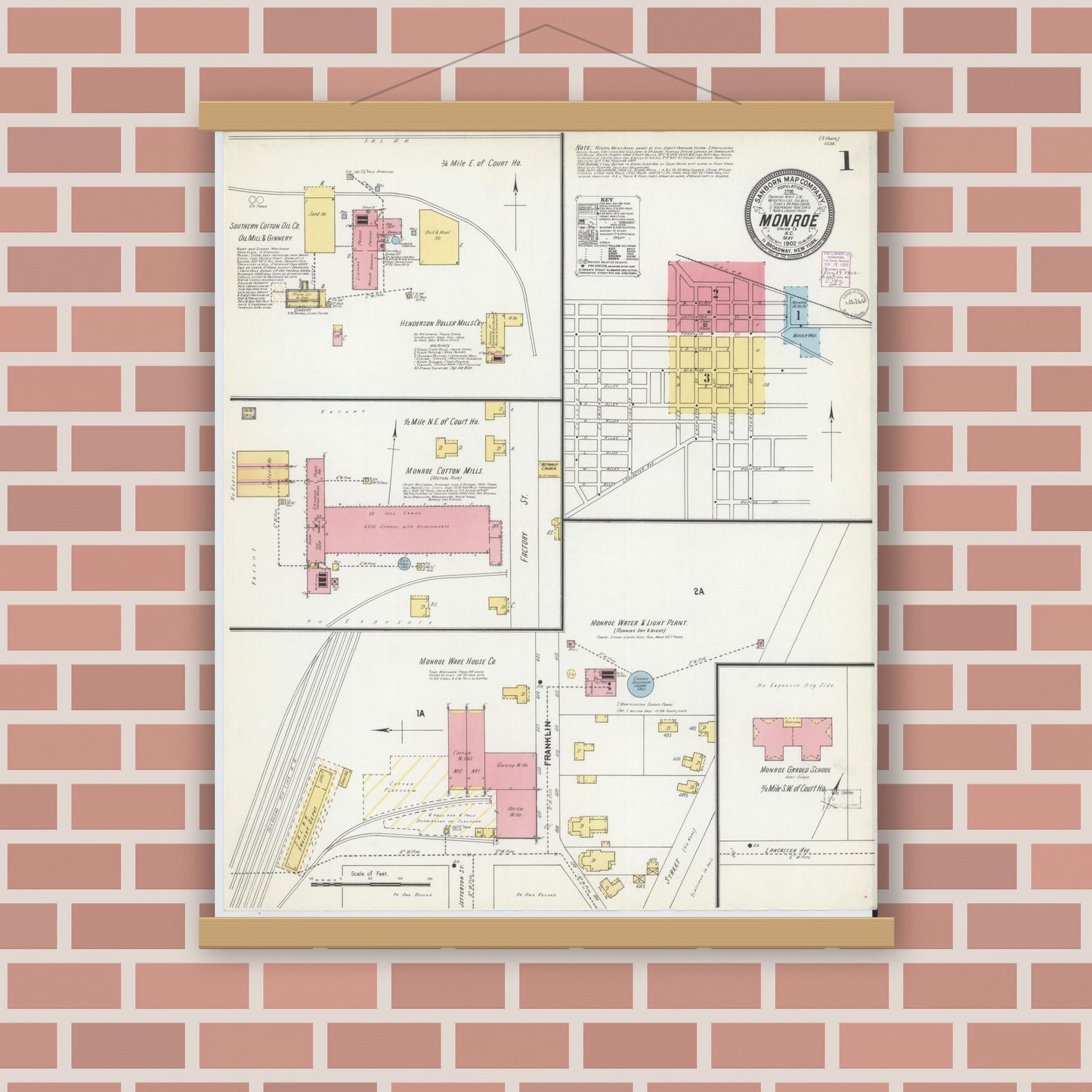 Old map wall art mockup — magnetic wood frame on brick wall — Sanborn Fire Insurance Map from Monroe, Union County, North Carolina (1902) - Complete Map Set