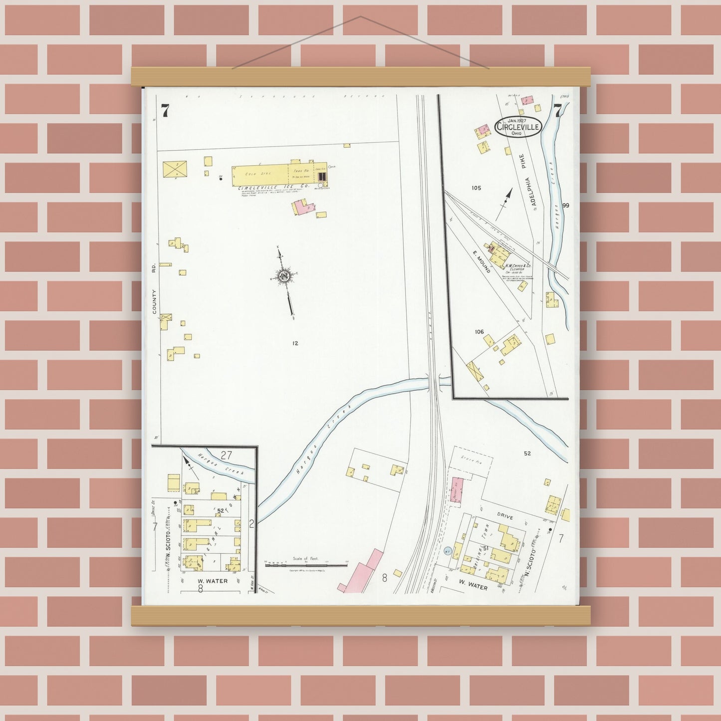 Old map wall art mockup — magnetic wood frame on brick wall — Sanborn Fire Insurance Map from Circleville, Pickaway County, Ohio (1927), Sheet #0007
