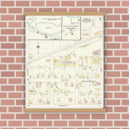 Old map wall art mockup — magnetic wood frame on brick wall — Sanborn Fire Insurance Map from Highland, Madison County, Illinois (1908), Sheet #0002