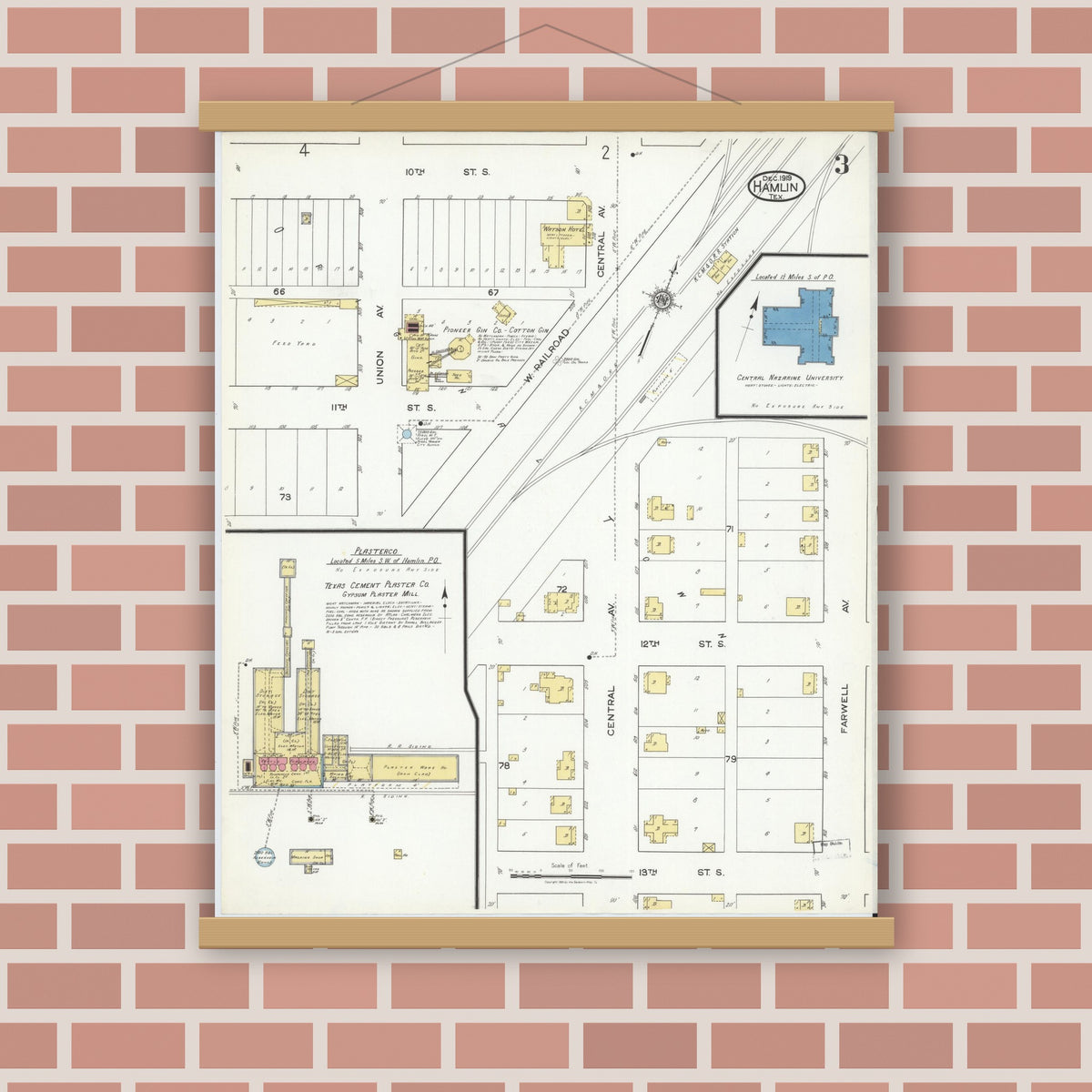 Old map wall art mockup — magnetic wood frame on brick wall — Sanborn Fire Insurance Map from Hamlin, Jones County, Texas (1919), Sheet #0003