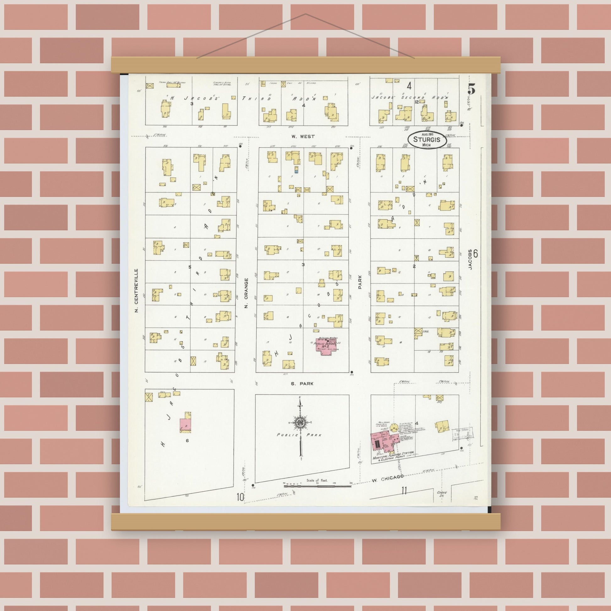 Old map wall art mockup — magnetic wood frame on brick wall — Sanborn Fire Insurance Map from Sturgis, Saint Joseph County, Michigan (1911), Sheet #0005