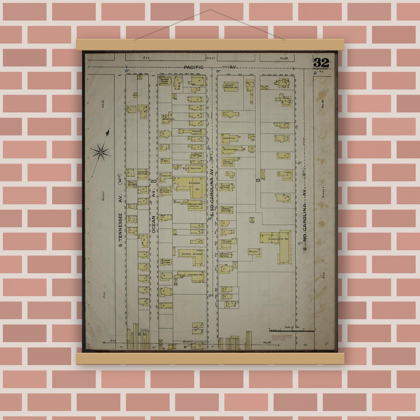 Old map wall art mockup — magnetic wood frame on brick wall — Sanborn Fire Insurance Map from Atlantic City, Atlantic County, New Jersey (1886), Sheet #0032