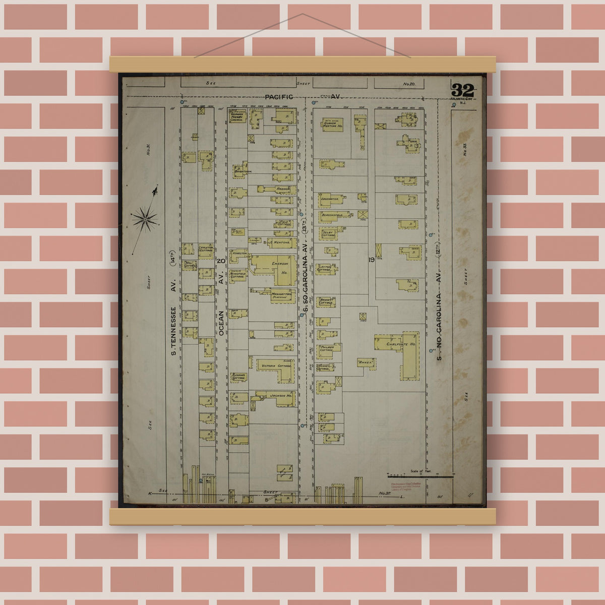 Old map wall art mockup — magnetic wood frame on brick wall — Sanborn Fire Insurance Map from Atlantic City, Atlantic County, New Jersey (1886), Sheet #0032