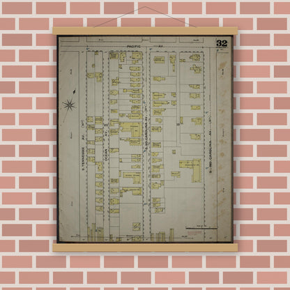 Old map wall art mockup — magnetic wood frame on brick wall — Sanborn Fire Insurance Map from Atlantic City, Atlantic County, New Jersey (1886), Sheet #0032