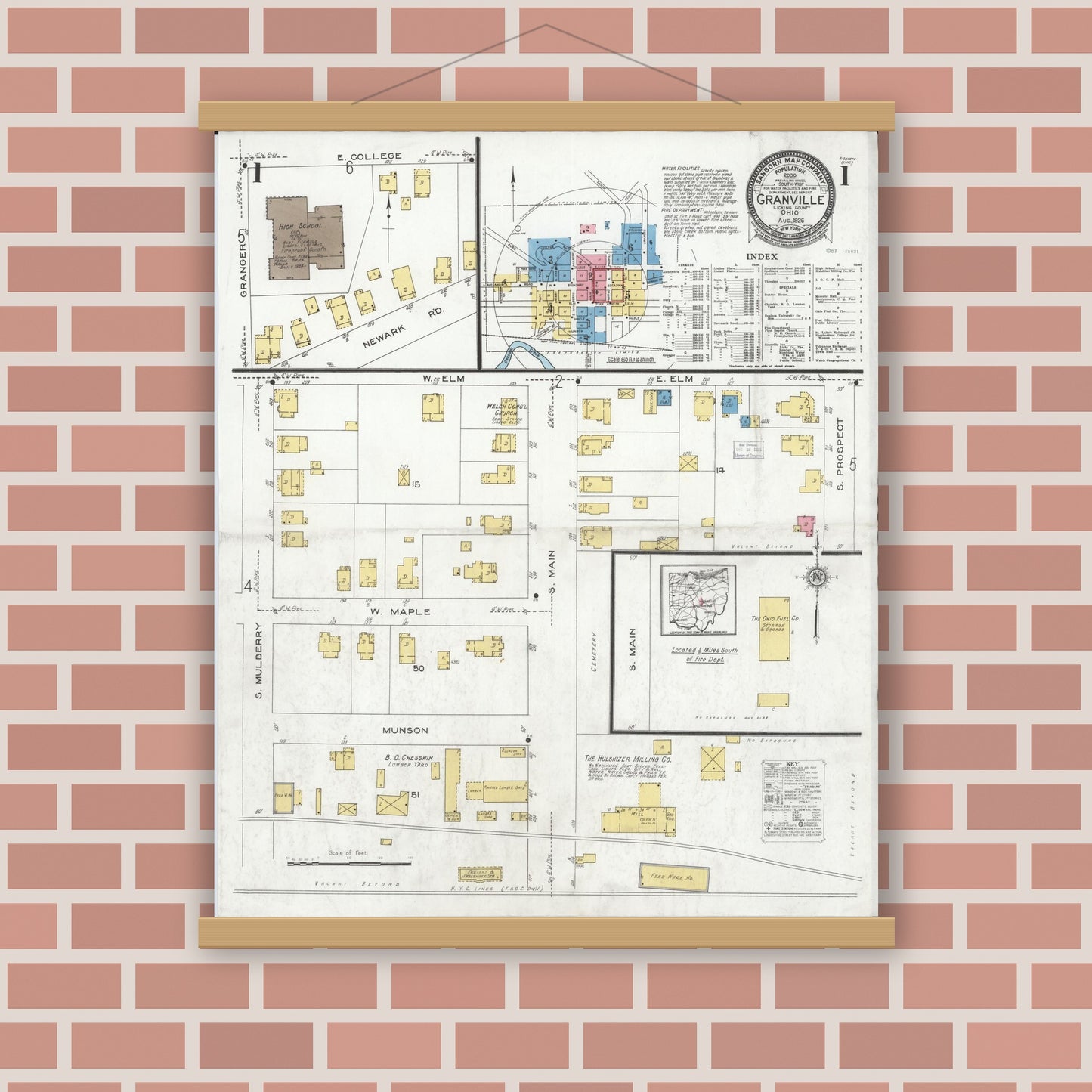 Old map wall art mockup — magnetic wood frame on brick wall — Sanborn Fire Insurance Map from Granville, Licking County, Ohio (1926) - Complete Map Set