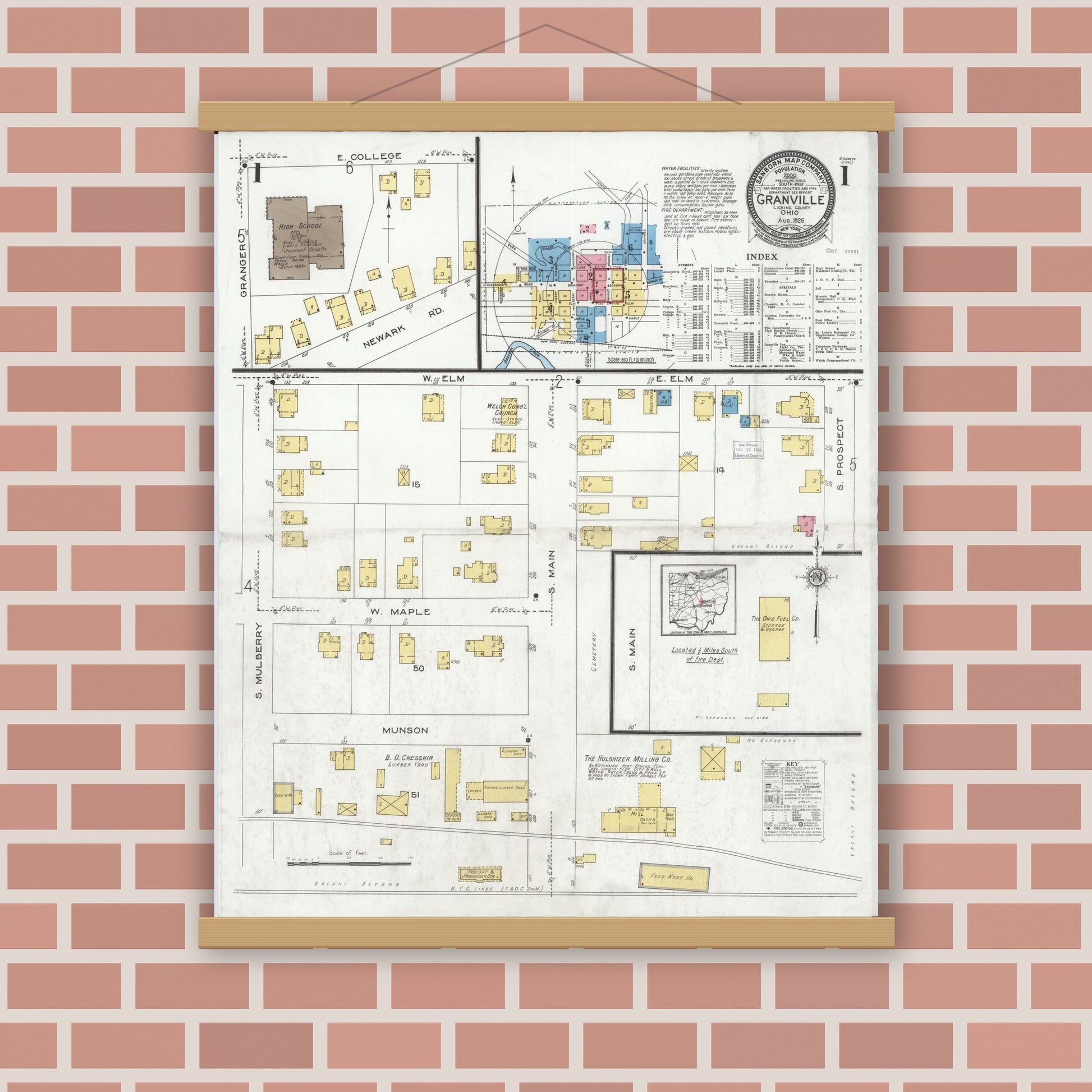 Old map wall art mockup — magnetic wood frame on brick wall — Sanborn Fire Insurance Map from Granville, Licking County, Ohio (1926) - Complete Map Set