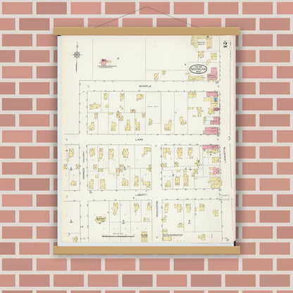 Old map wall art mockup — magnetic wood frame on brick wall — Sanborn Fire Insurance Map from South Lyon, Oakland County, Michigan (1913), Sheet #0002