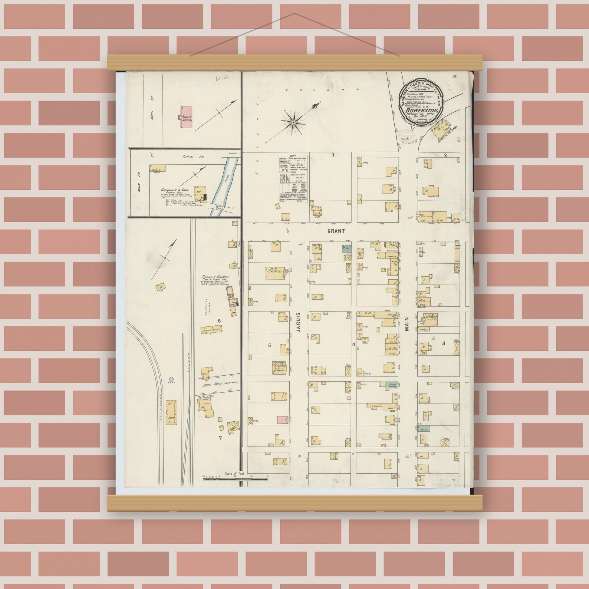 Old map wall art mockup — magnetic wood frame on brick wall — Sanborn Fire Insurance Map from Bowerston, Harrison County, Ohio (1895), Sheet #0001