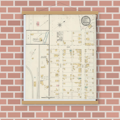 Old map wall art mockup — magnetic wood frame on brick wall — Sanborn Fire Insurance Map from Bowerston, Harrison County, Ohio (1895), Sheet #0001