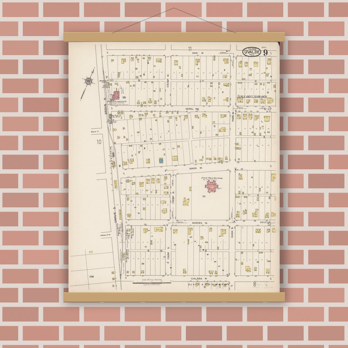 Old map wall art mockup — magnetic wood frame on brick wall — Sanborn Fire Insurance Map from Uvalde, Uvalde County, Texas (1922), Sheet #0009