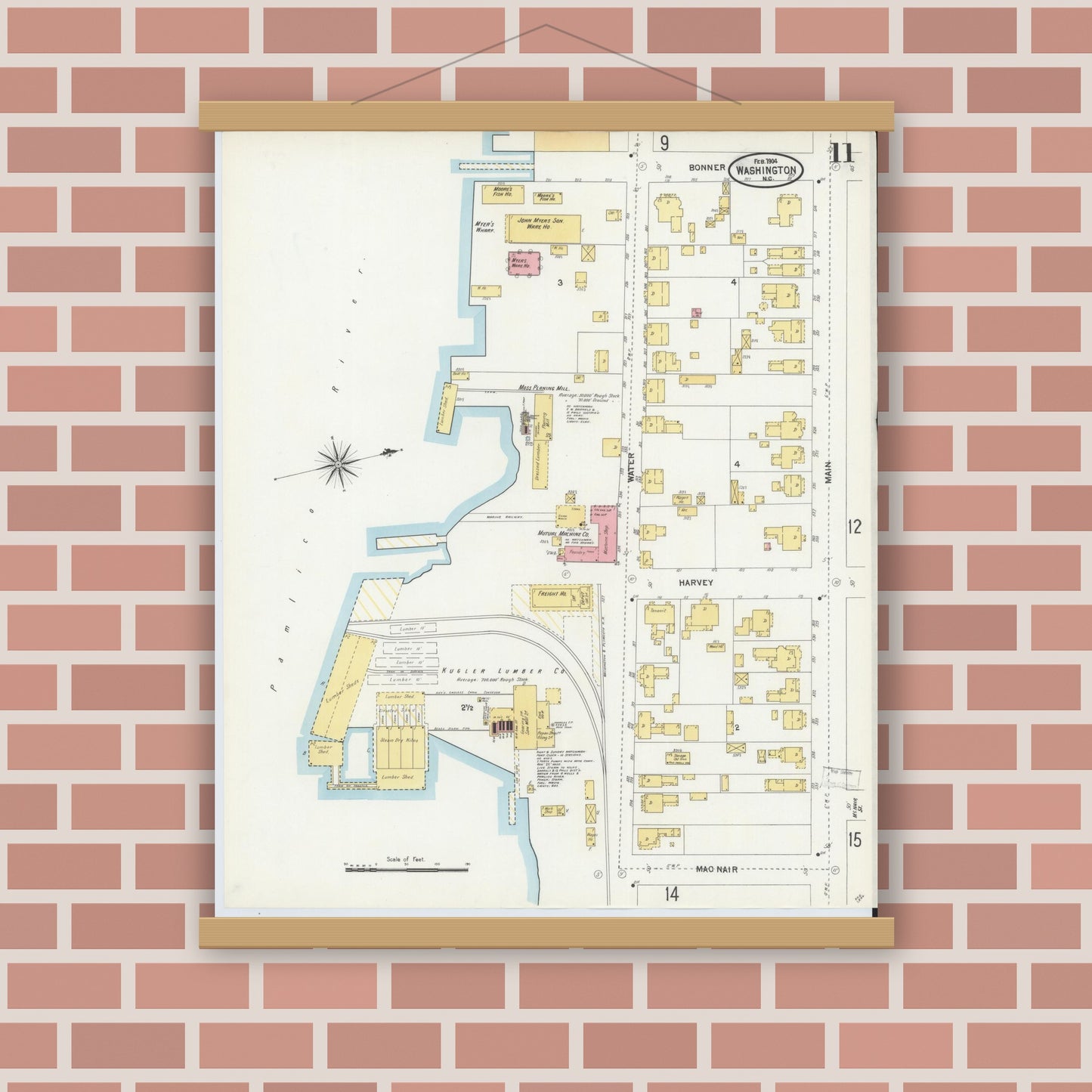 Old map wall art mockup — magnetic wood frame on brick wall — Sanborn Fire Insurance Map from Washington, Beaufort County, North Carolina (1904), Sheet #0011