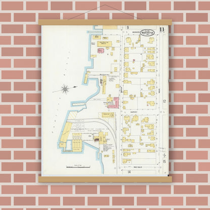 Old map wall art mockup — magnetic wood frame on brick wall — Sanborn Fire Insurance Map from Washington, Beaufort County, North Carolina (1904), Sheet #0011