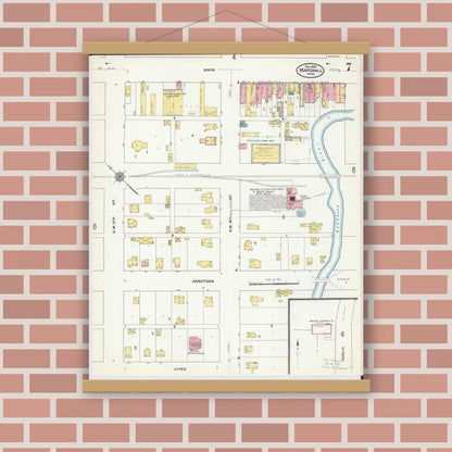 Old map wall art mockup — magnetic wood frame on brick wall — Sanborn Fire Insurance Map from Marshall, Lyon County, Minnesota (1909), Sheet #0007