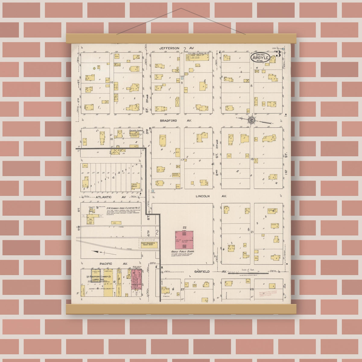 Old map wall art mockup — magnetic wood frame on brick wall — Sanborn Fire Insurance Map from Argyle, Marshall County, Minnesota (1922), Sheet #0003