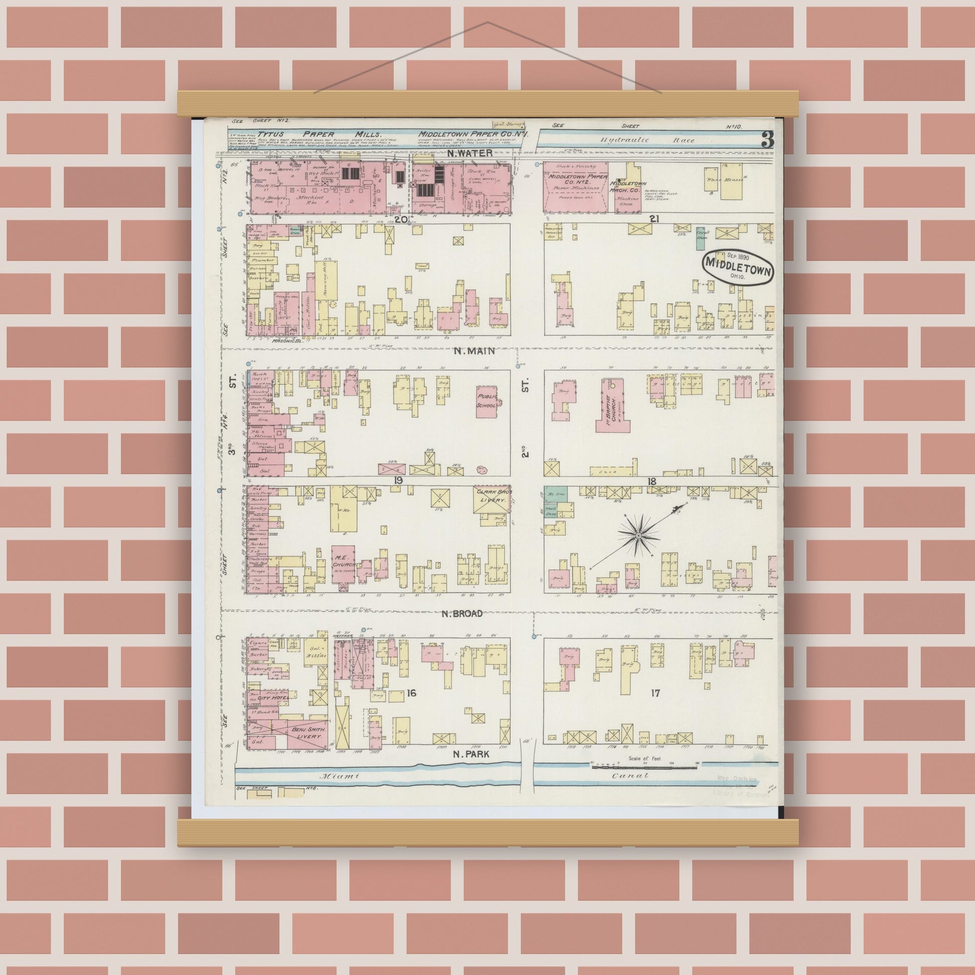 Old map wall art mockup — magnetic wood frame on brick wall — Sanborn Fire Insurance Map from Middletown, Butler County, Ohio (1890), Sheet #0003