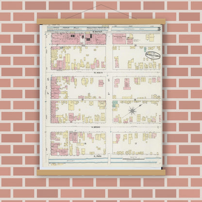 Old map wall art mockup — magnetic wood frame on brick wall — Sanborn Fire Insurance Map from Middletown, Butler County, Ohio (1890), Sheet #0003