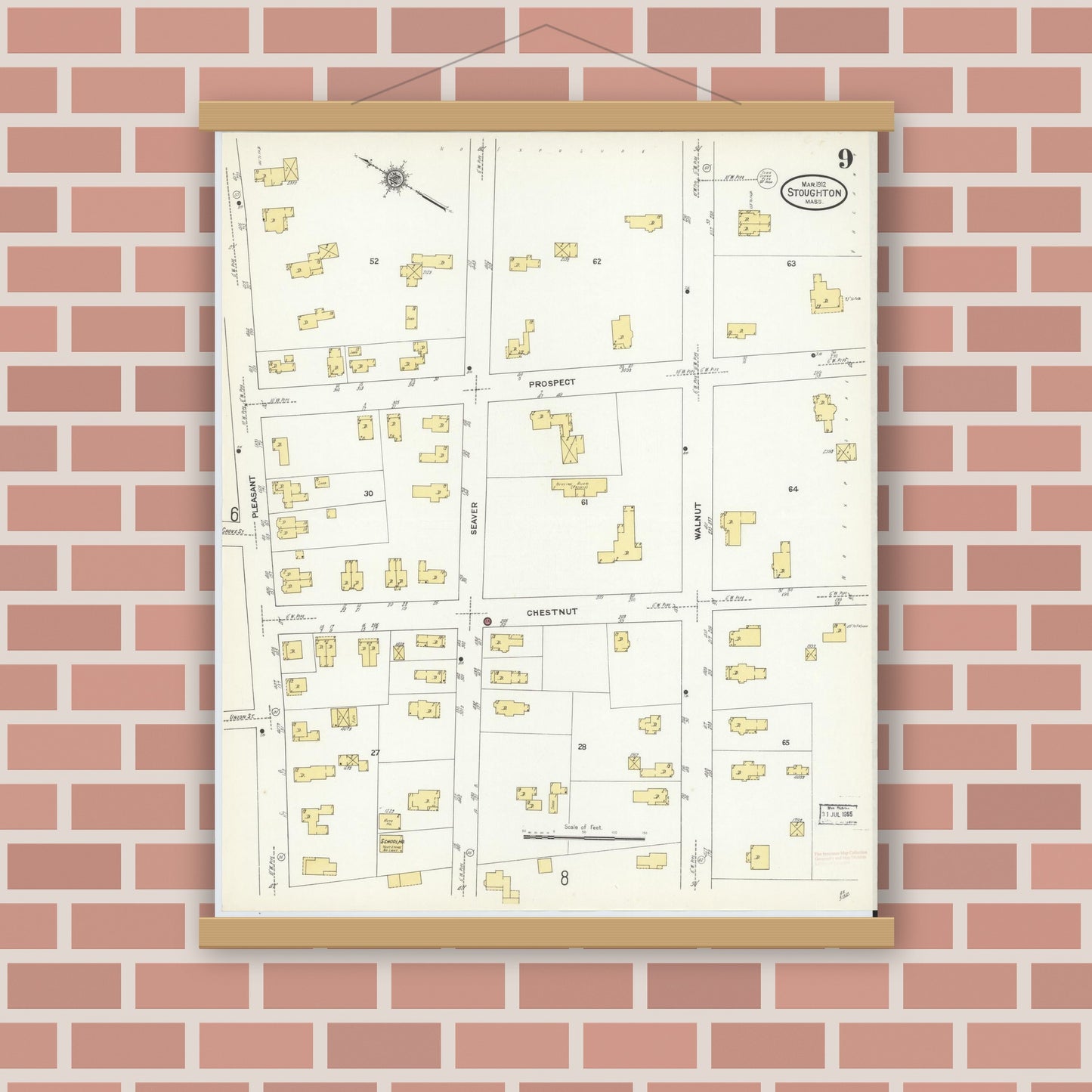 Old map wall art mockup — magnetic wood frame on brick wall — Sanborn Fire Insurance Map from Stoughton, Norfolk County, Massachusetts (1912), Sheet #0009