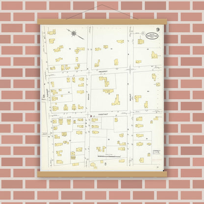 Old map wall art mockup — magnetic wood frame on brick wall — Sanborn Fire Insurance Map from Stoughton, Norfolk County, Massachusetts (1912), Sheet #0009