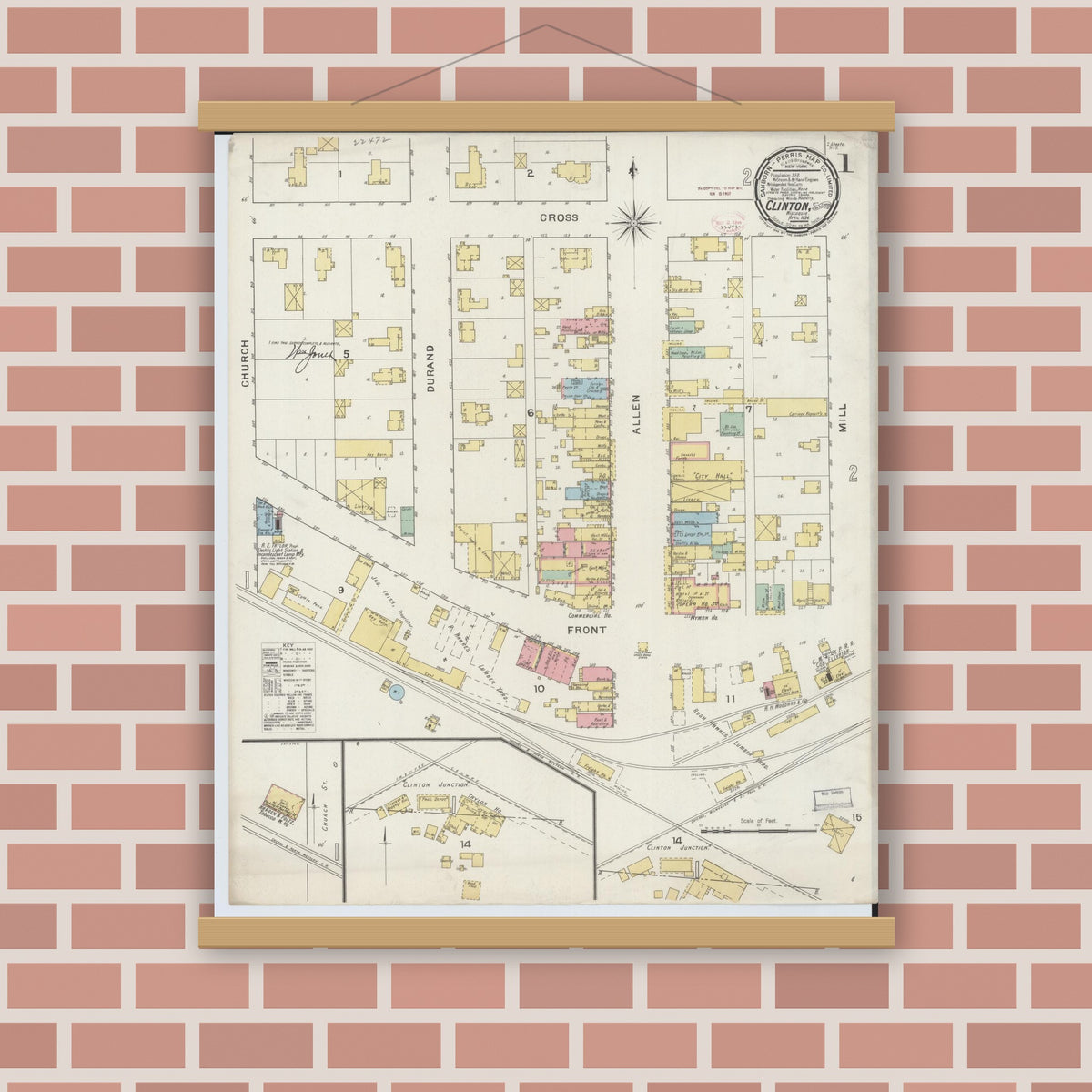 Old map wall art mockup — magnetic wood frame on brick wall — Sanborn Fire Insurance Map from Clinton, Rock County, Wisconsin (1894) - Complete Map Set