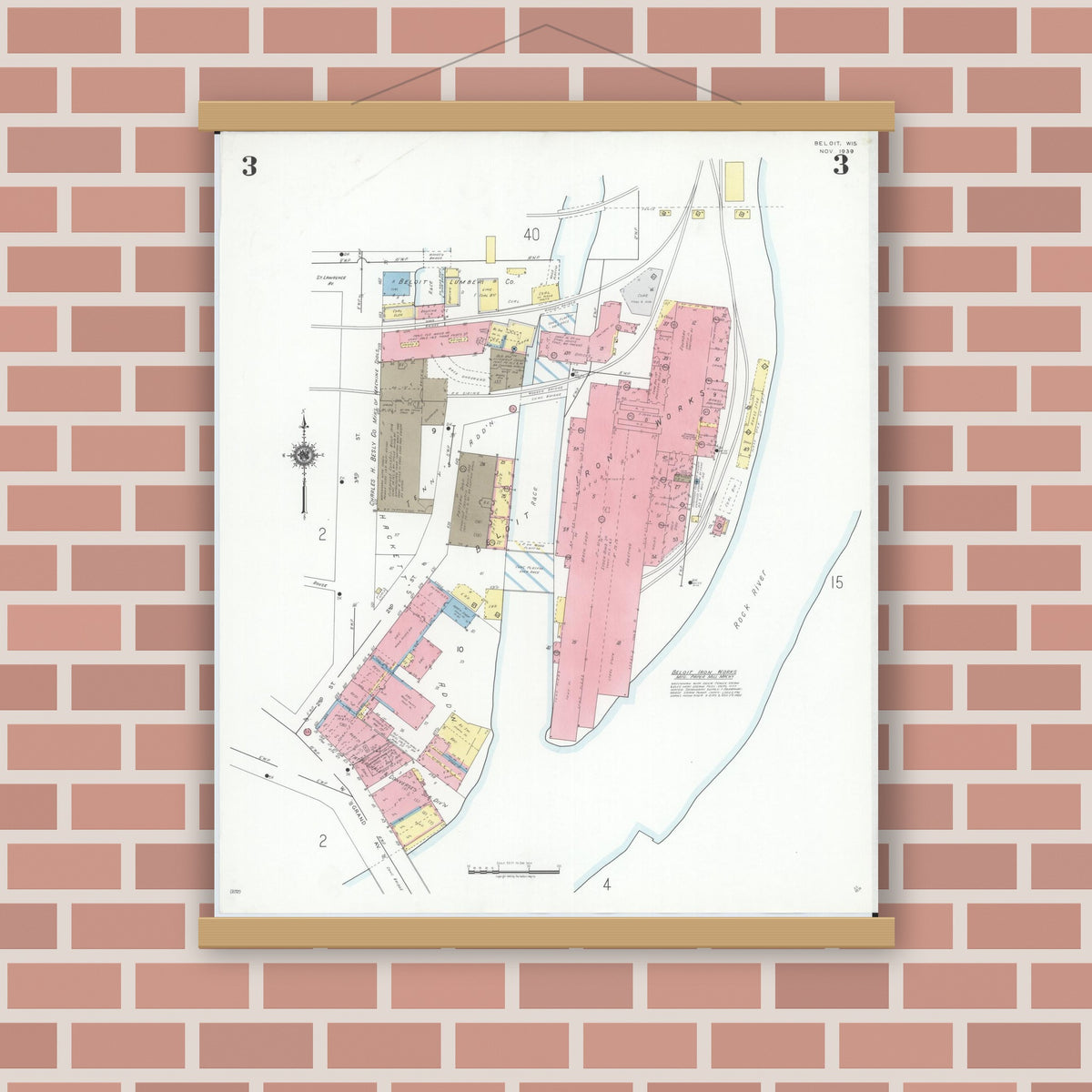 Old map wall art mockup — magnetic wood frame on brick wall — Sanborn Fire Insurance Map from Beloit, Rock County, Wisconsin (1939), Sheet #0003