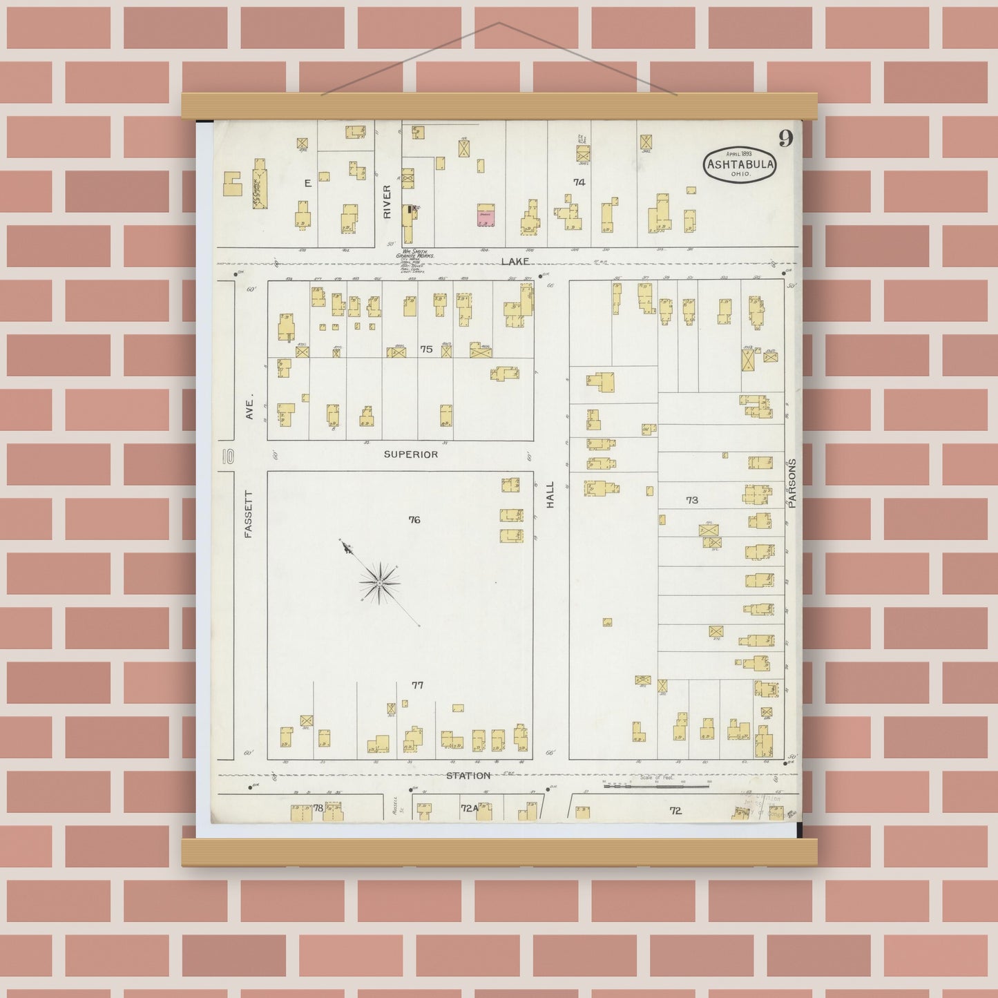 Old map wall art mockup — magnetic wood frame on brick wall — Sanborn Fire Insurance Map from Ashtabula, Ashtabula County, Ohio (1893), Sheet #0009