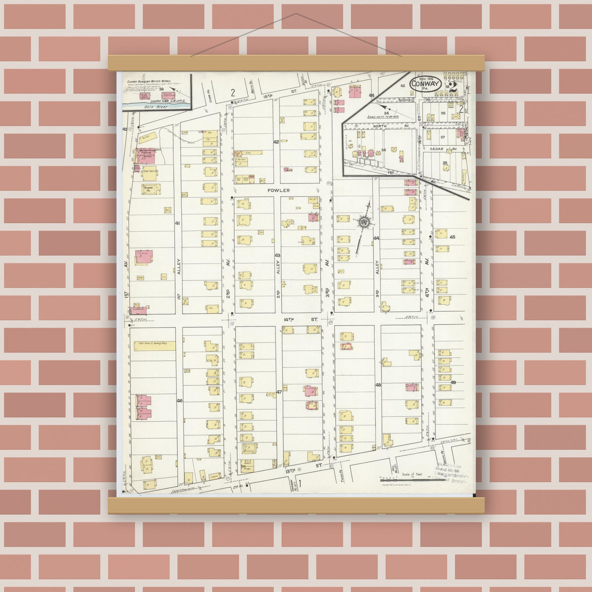 Old map wall art mockup — magnetic wood frame on brick wall — Sanborn Fire Insurance Map from Conway, Beaver County, Pennsylvania (1916), Sheet #0002