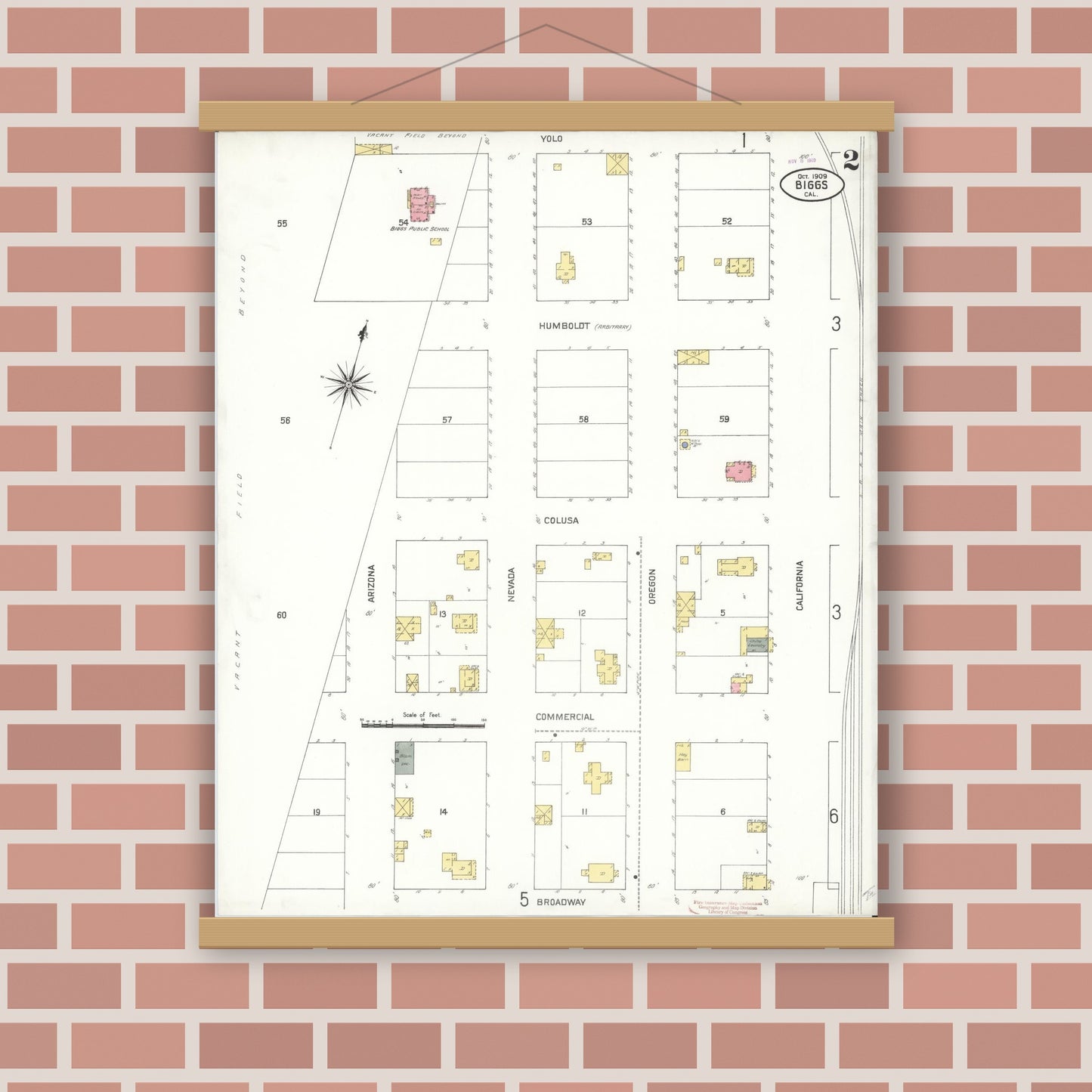 Old map wall art mockup — magnetic wood frame on brick wall — Sanborn Fire Insurance Map from Biggs, Butte County, California (1909), Sheet #0002
