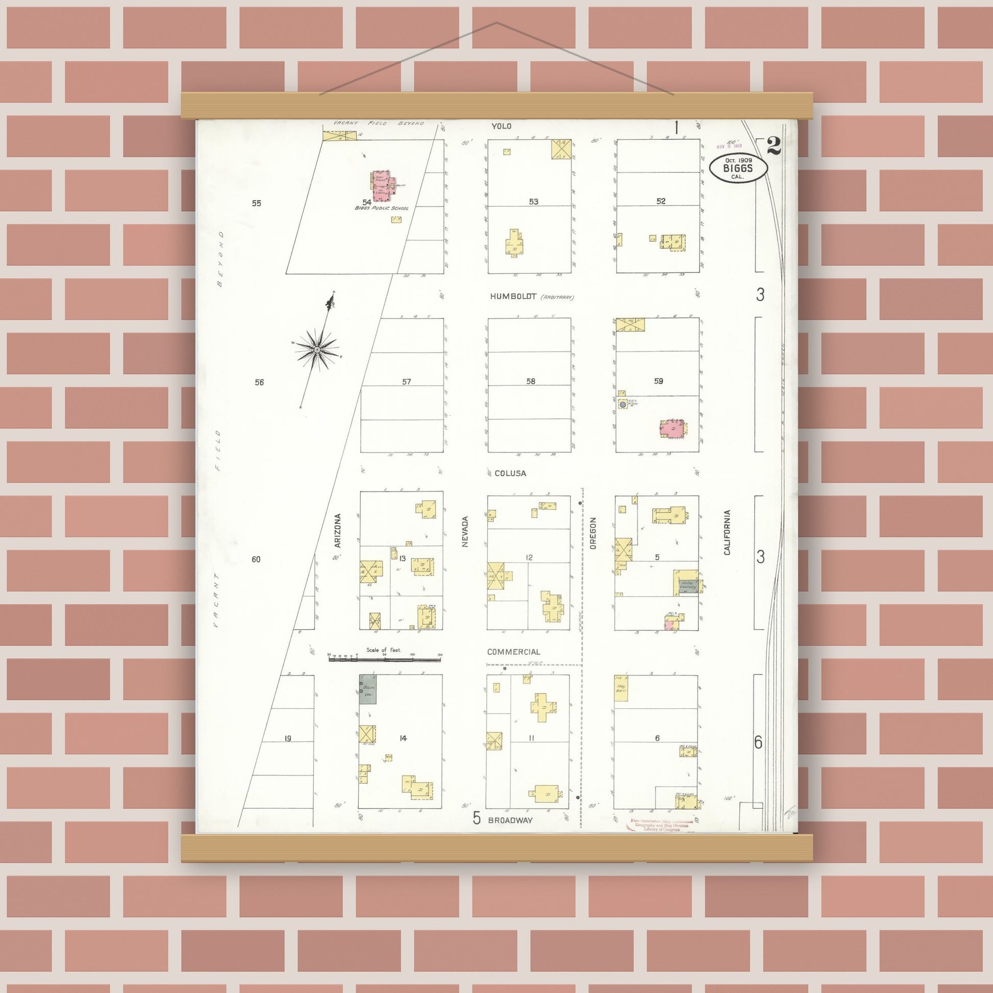 Old map wall art mockup — magnetic wood frame on brick wall — Sanborn Fire Insurance Map from Biggs, Butte County, California (1909), Sheet #0002