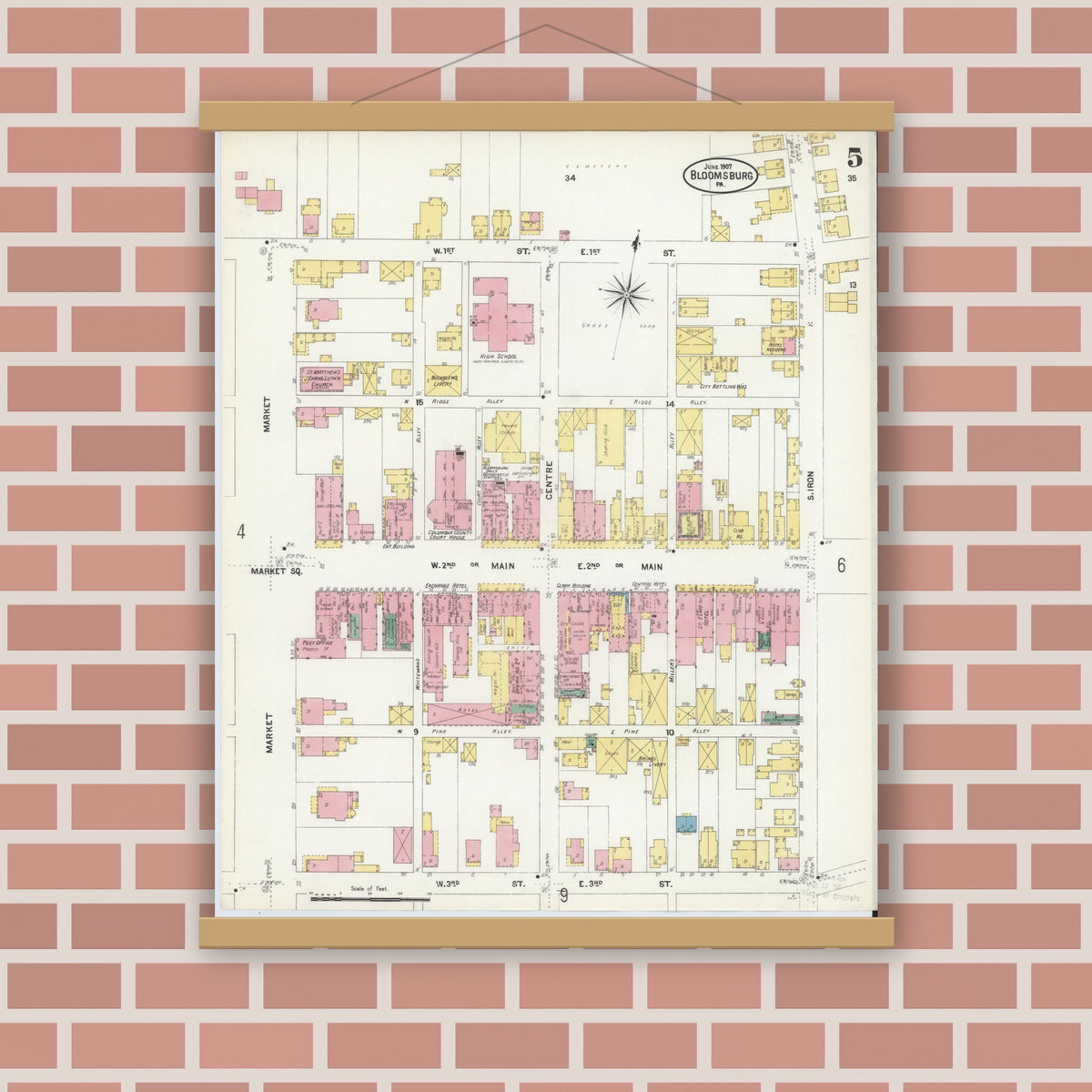 Old map wall art mockup — magnetic wood frame on brick wall — Sanborn Fire Insurance Map from Bloomsburg, Columbia County, Pennsylvania (1907), Sheet #0005