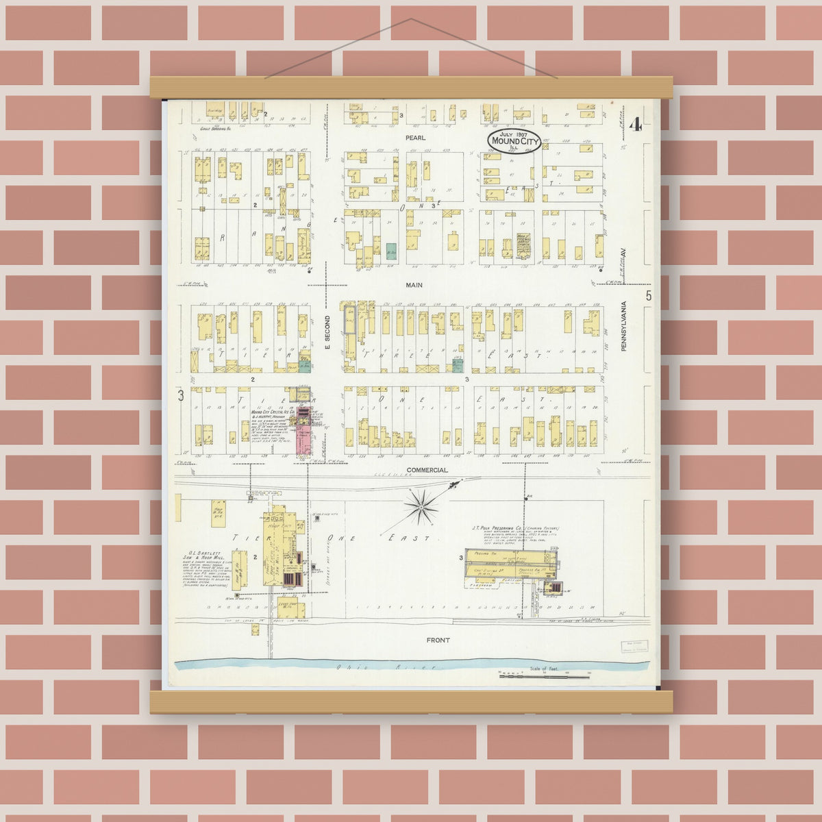 Old map wall art mockup — magnetic wood frame on brick wall — Sanborn Fire Insurance Map from Mound City, Pulaski County, Illinois (1907), Sheet #0004