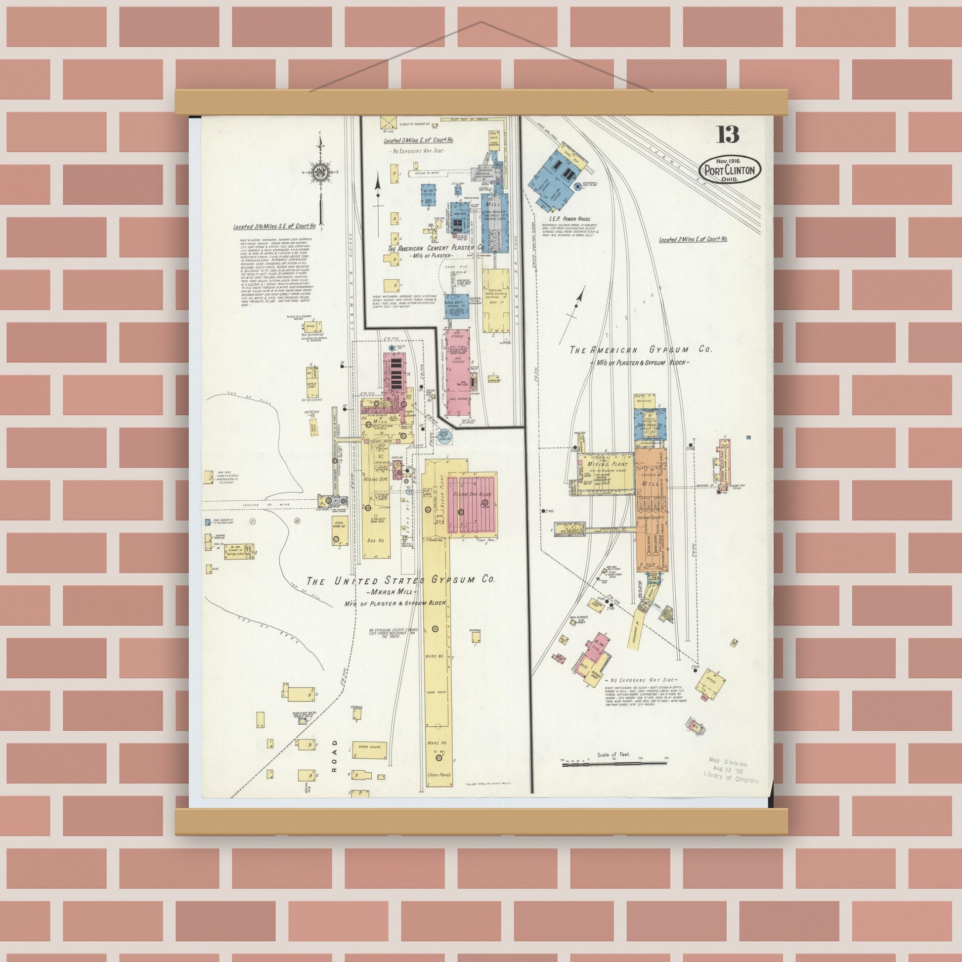 Old map wall art mockup — magnetic wood frame on brick wall — Sanborn Fire Insurance Map from Port Clinton, Ottawa County, Ohio (1916), Sheet #0013