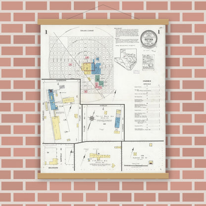 Old map wall art mockup — magnetic wood frame on brick wall — Sanborn Fire Insurance Map from Rotan, Fisher County, Texas (1925) - Complete Map Set